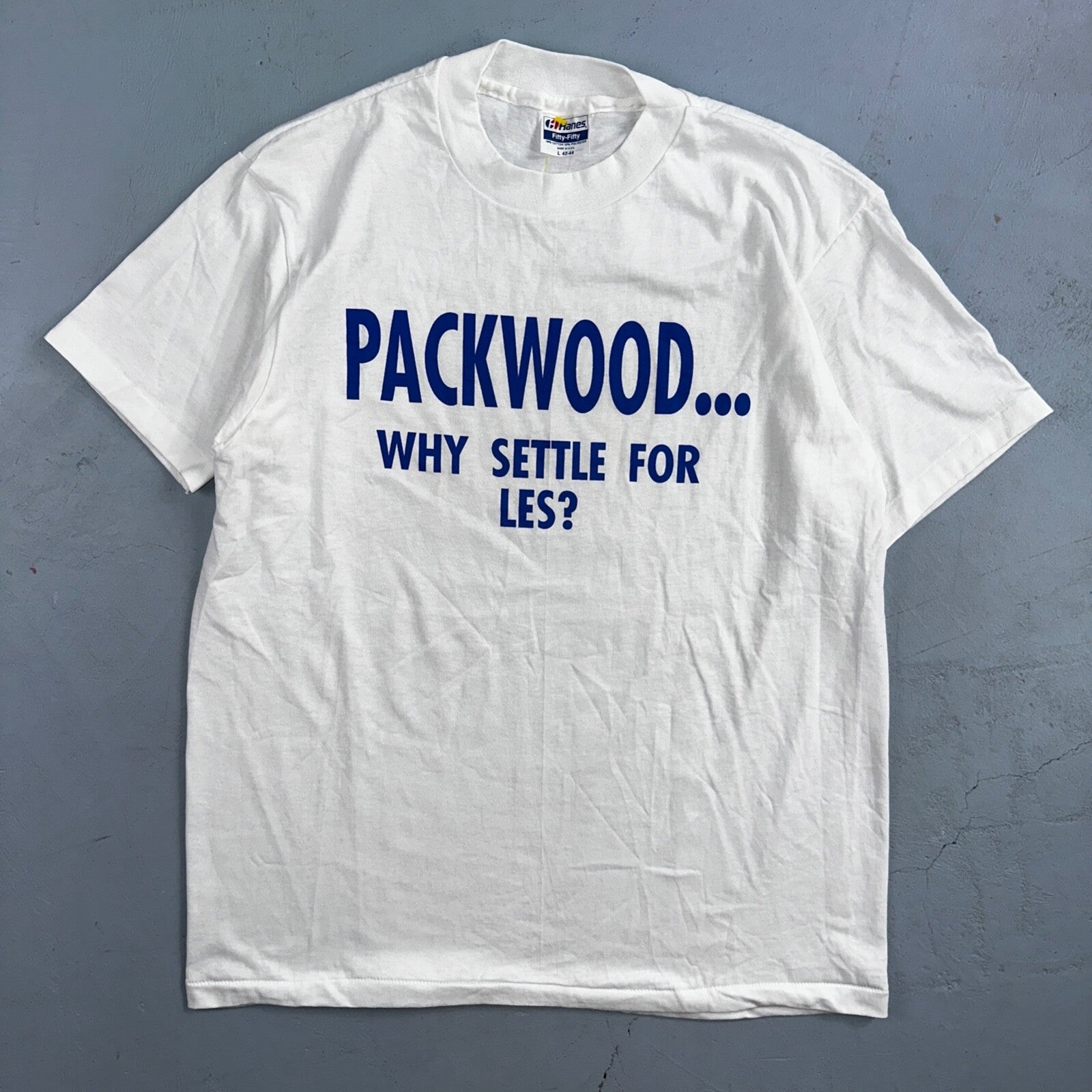 Hanes 80s Packwood VTG T Shirt Why Settle Funny Single Stitch Graphic Text Humor