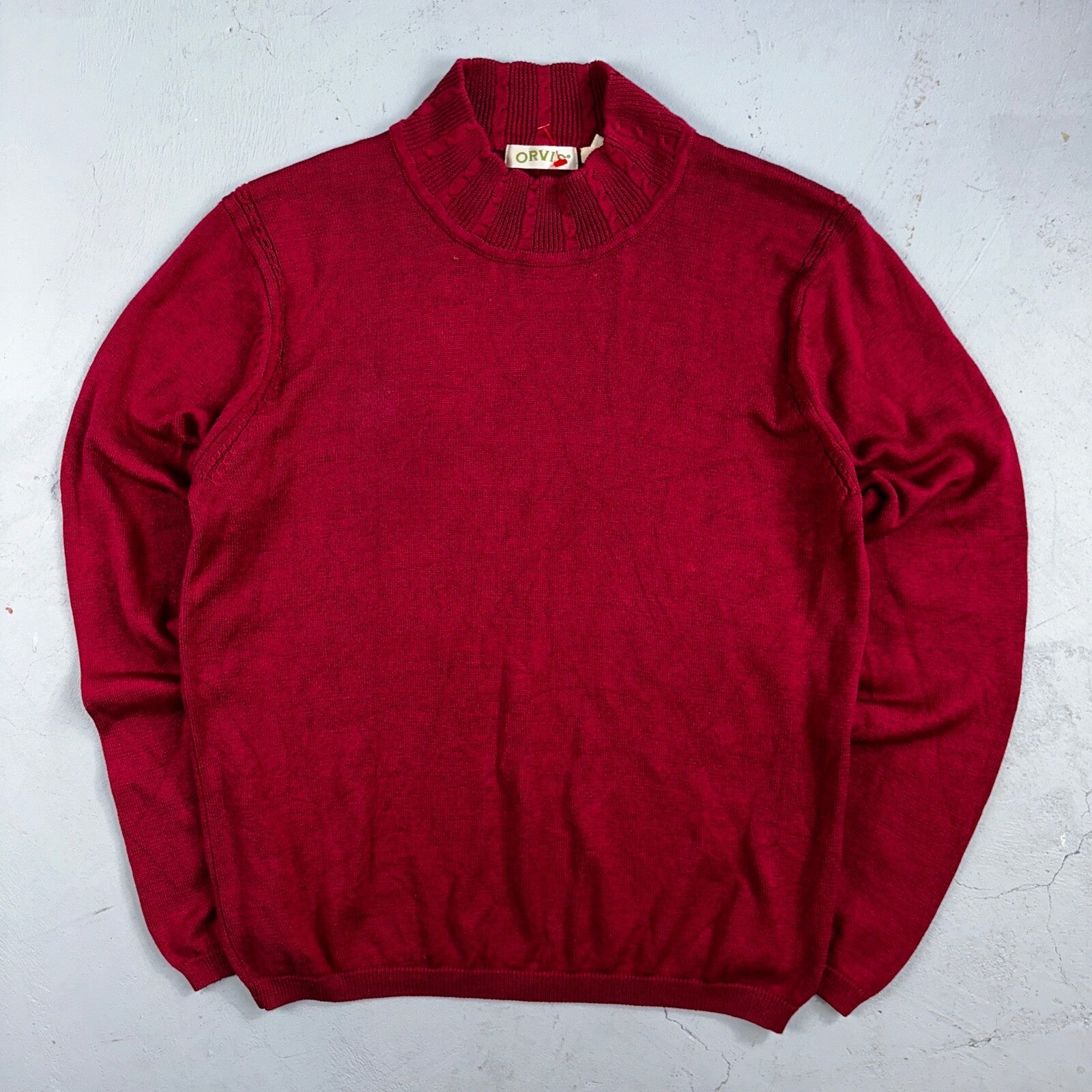 Orvis 100% Silk Pullover Red Mock Neck Sweater Women’s M Cable Knit Accent