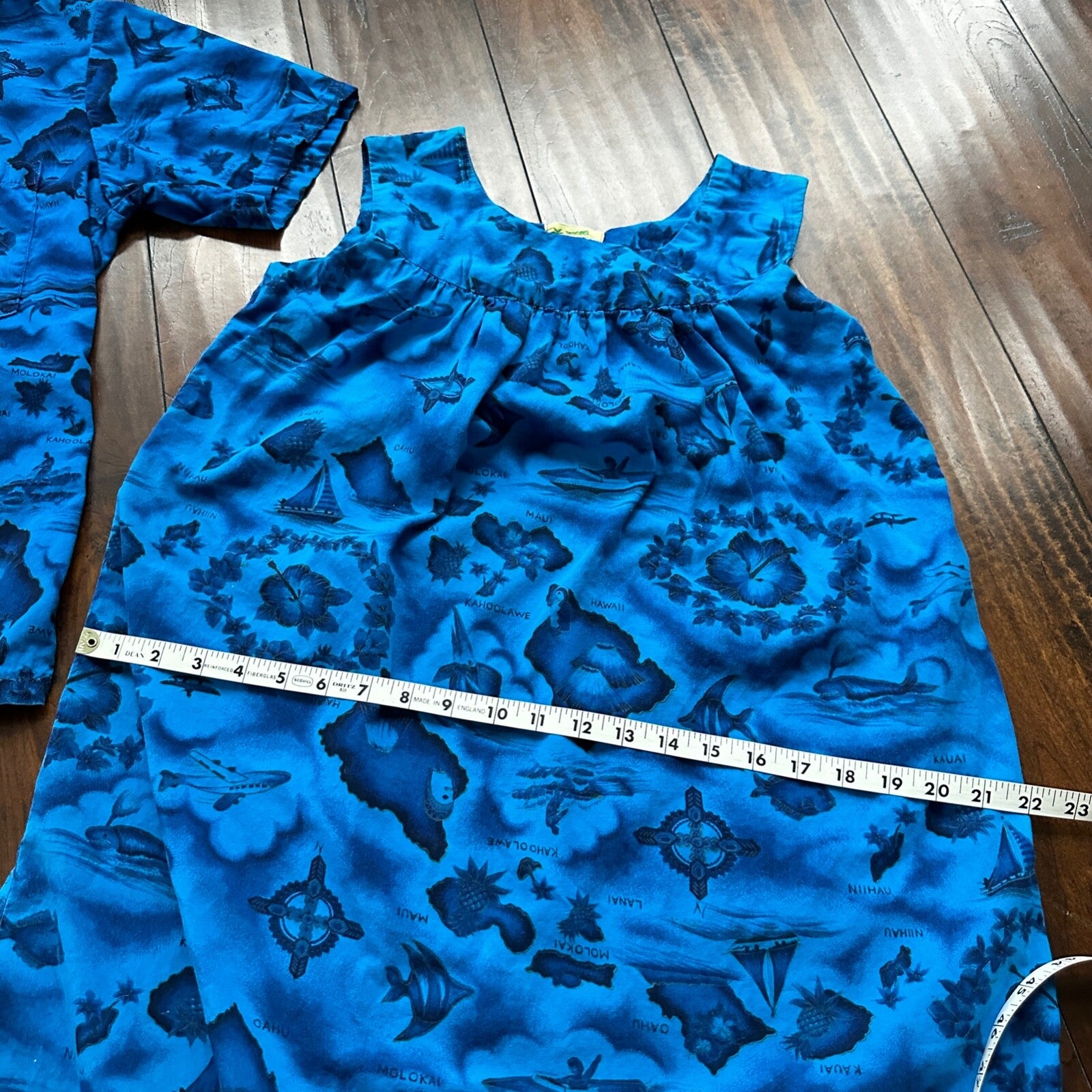 Ui-Maikai Vintage 1960s Barkcloth Blue Hibiscus Dress And Shirt Rockabilly Rare