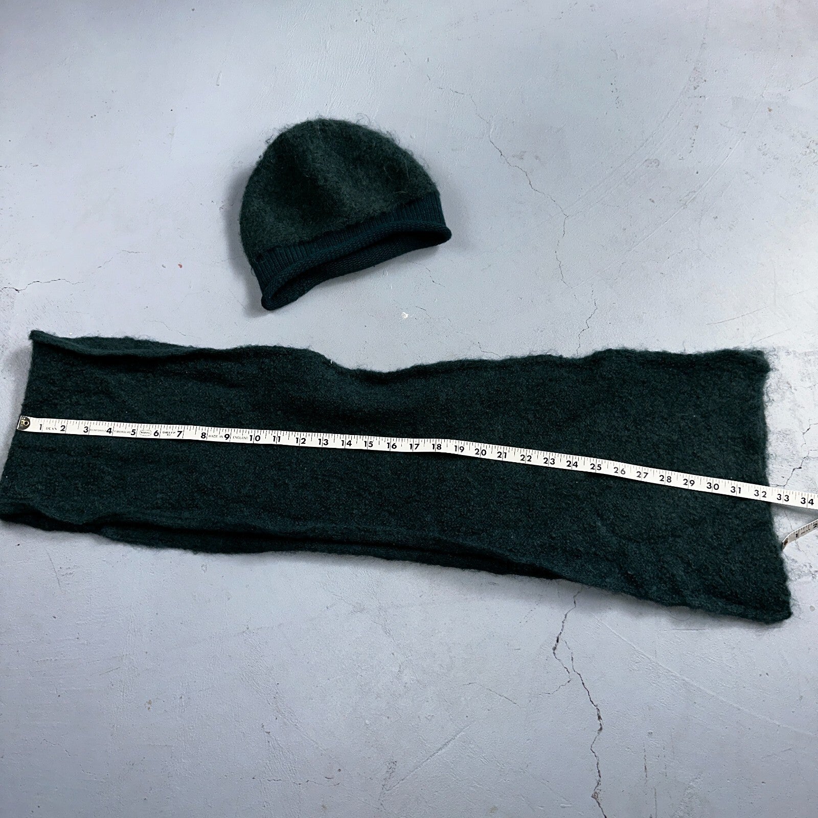 Nordstrom 1970s VTG Green Mohair Wool Winter Scarf and Hat RARE 70s Art Deco