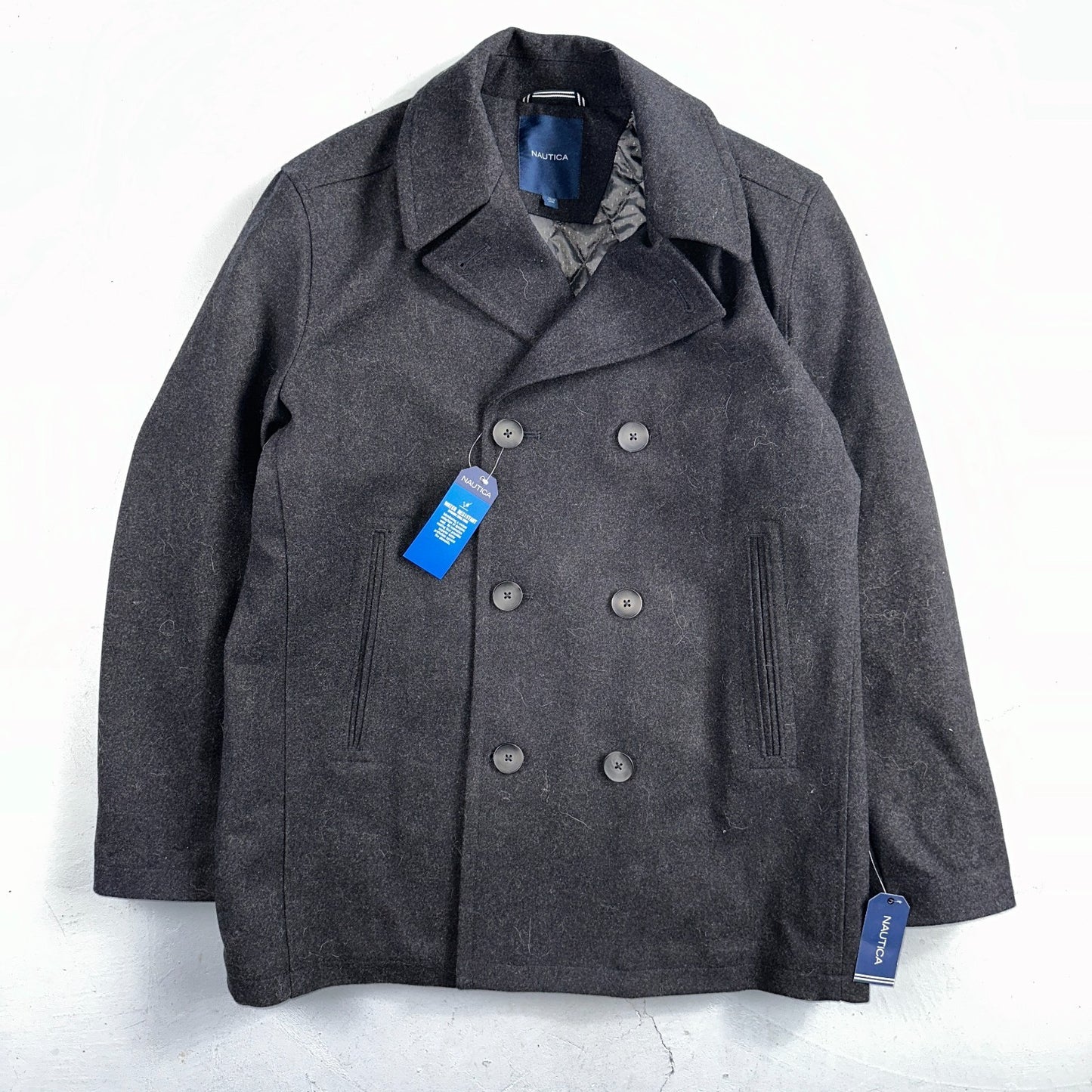 Nautica Men's Size L Double Breasted Wool Blend Collar Peacoat Black NWT $250