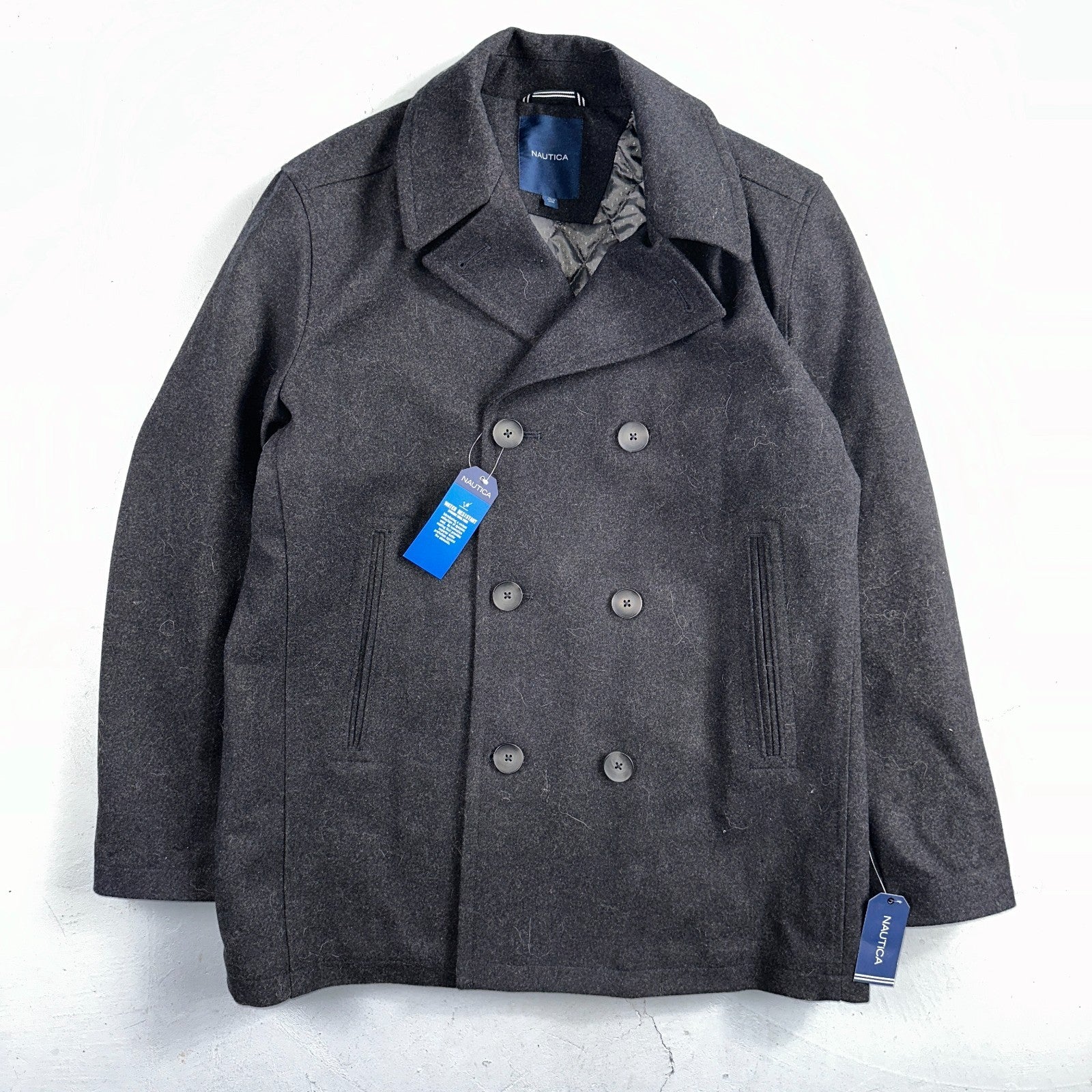 Nautica Men's Size L Double Breasted Wool Blend Collar Peacoat Black NWT $250