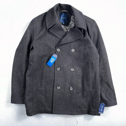 Nautica Men's Size L Double Breasted Wool Blend Collar Peacoat Black NWT $250