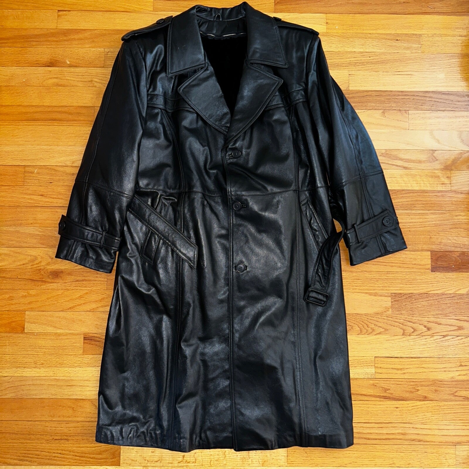 VTG Mens Long Length Vintage Leather Military Duster Custom Made Lined 1980s