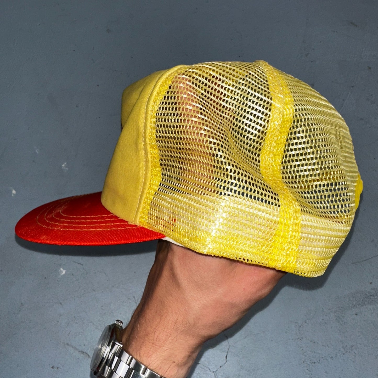 Vintage Adobe Building Centers Hat Yellow Red Mesh Snapback Trucker Cap 70s 80s
