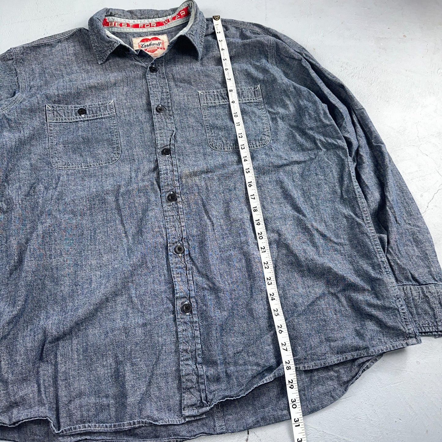 Carhartt Chambray Work Shirt VTG 2XL Demin Long Sleeve Button Up Heart Logo 60s