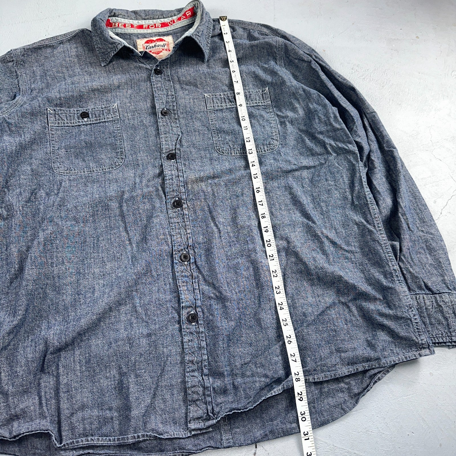 Carhartt Chambray Work Shirt VTG 2XL Demin Long Sleeve Button Up Heart Logo 60s