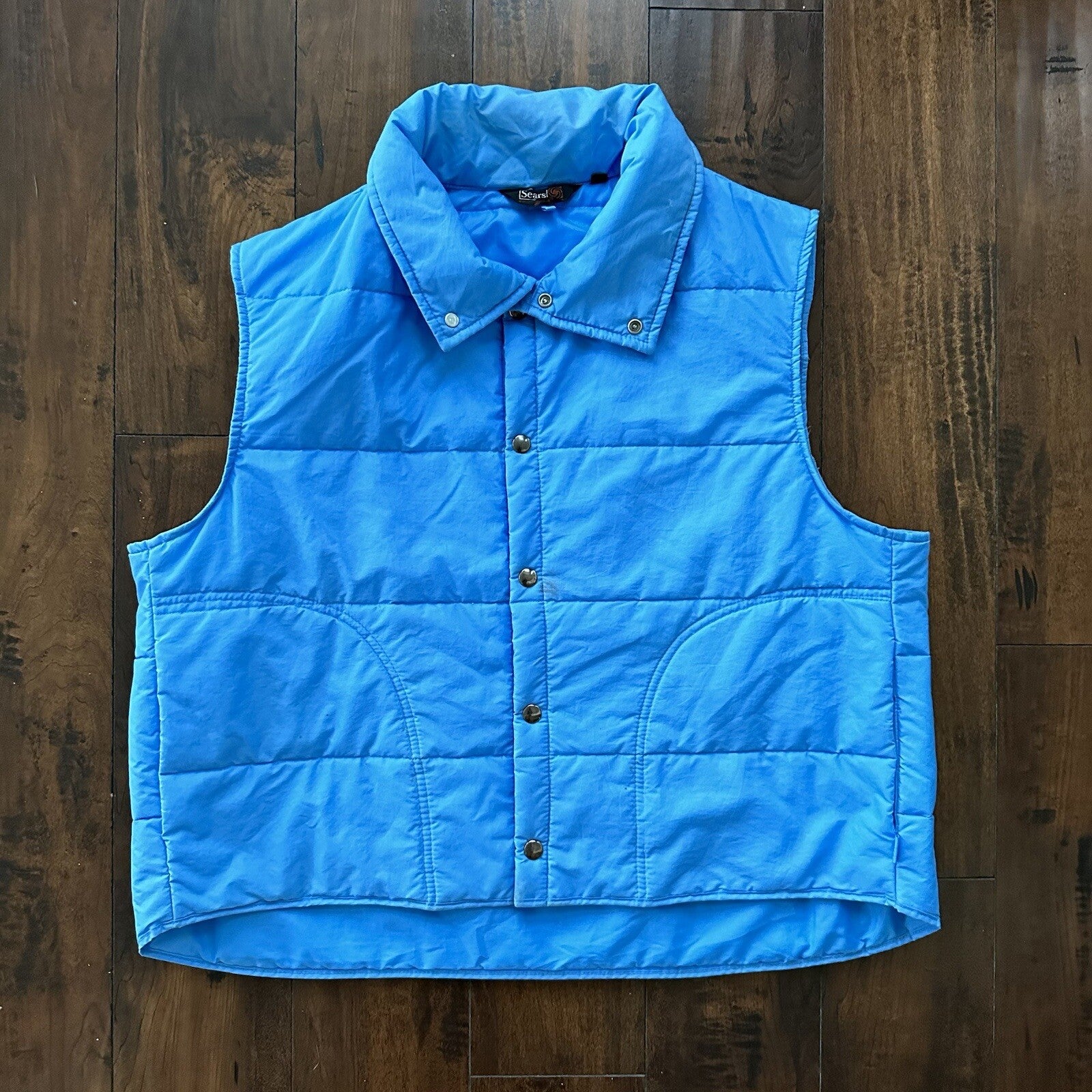 Vtg Sears Western Outdoor Wear Puffer Vest Snap Baby Blue 70s 80s Boxy XL