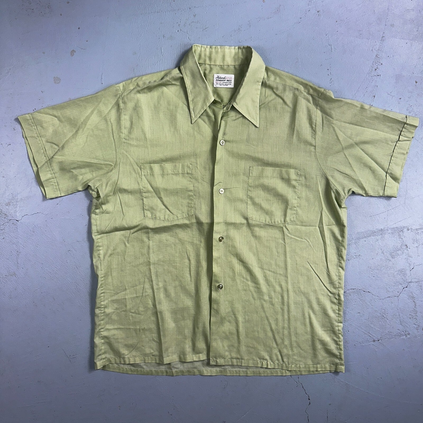 1960s Habands Green Short Sleeve Button Down Shirt Rockabilly Drip Dry Summer