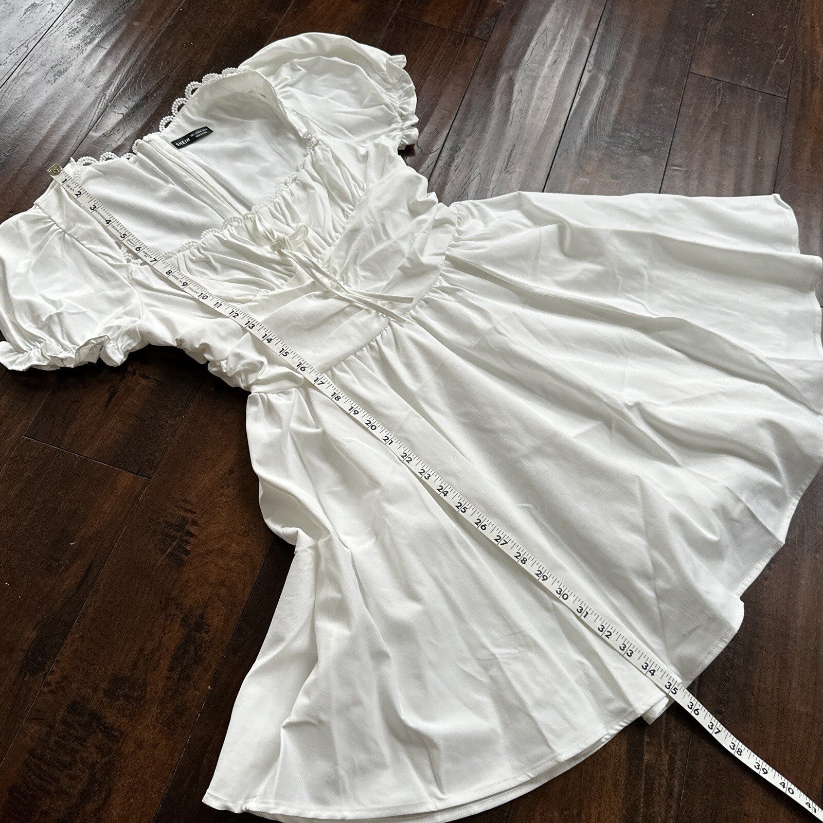 SHEIN MOD Ruched Bust Shirred Back Puff Sleeve Front Dress White Sexy Summer