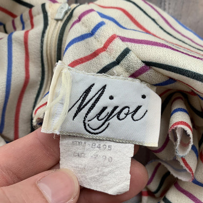 Vintage Mijoi White Striped Business Dress With Short sleeve Shoulder Button 80s