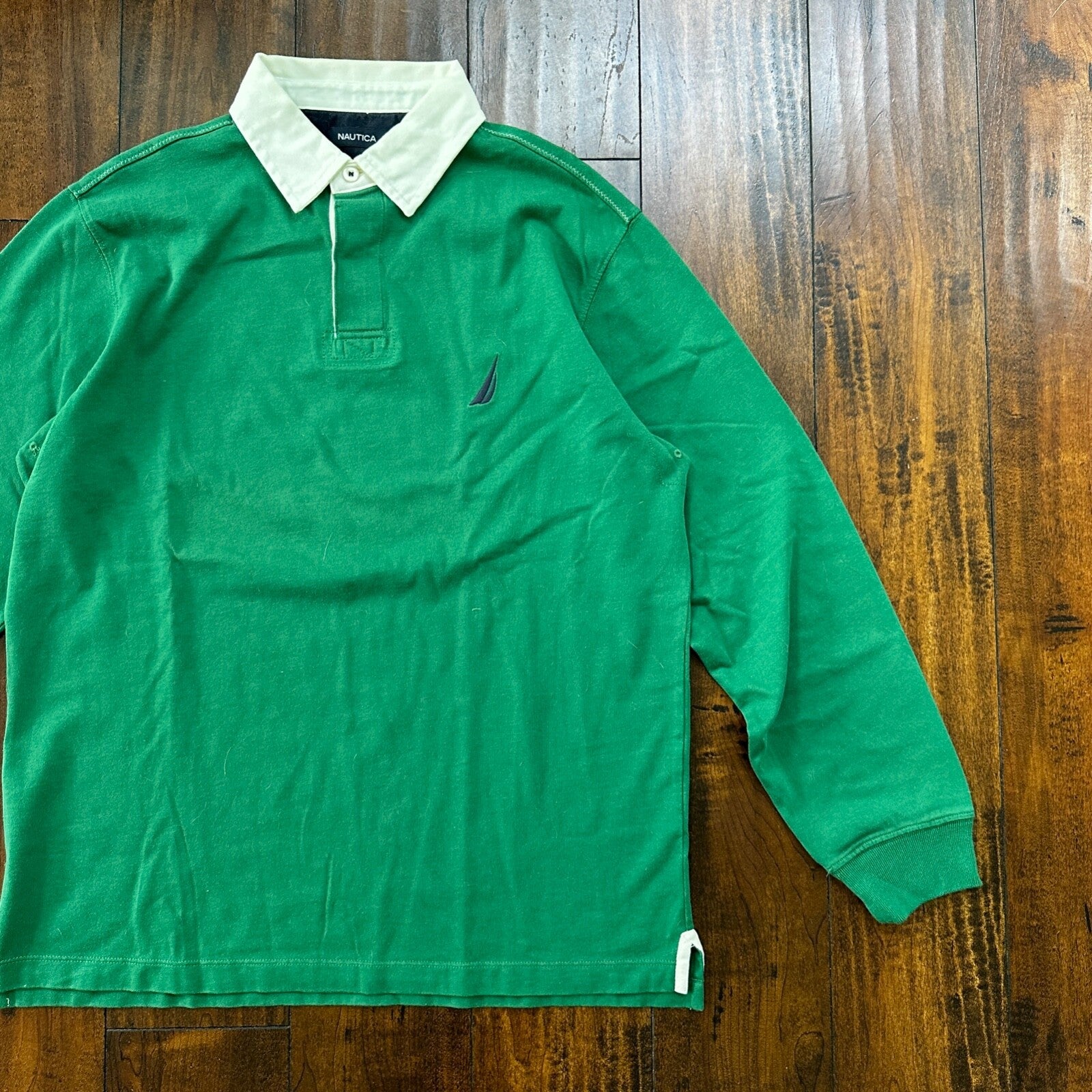 Nautica Men's Long Sleeve Classic Fit Green Polo embroidered logo M 100% Cotton