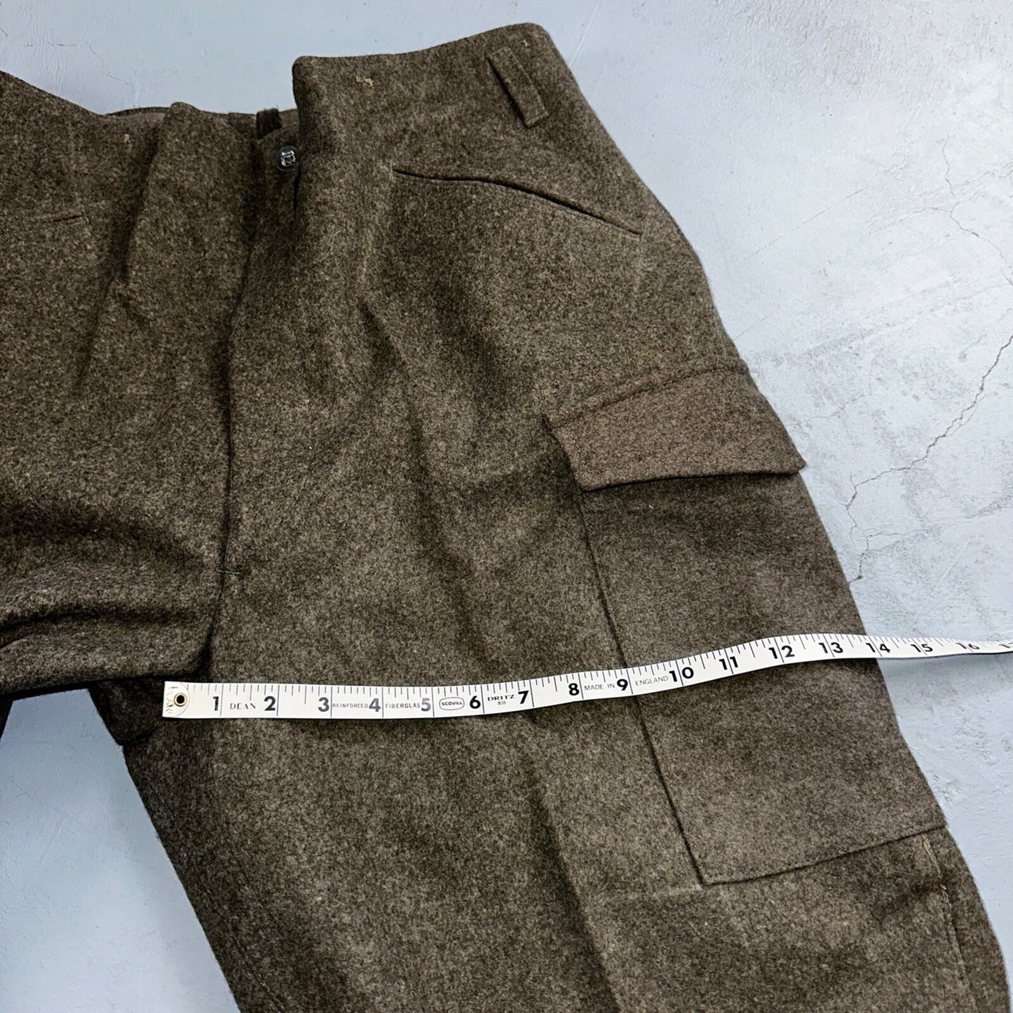 Vintage 1940s Swedish Army Wool Cargo Heavy Pants WWII Leather Straps 35x32