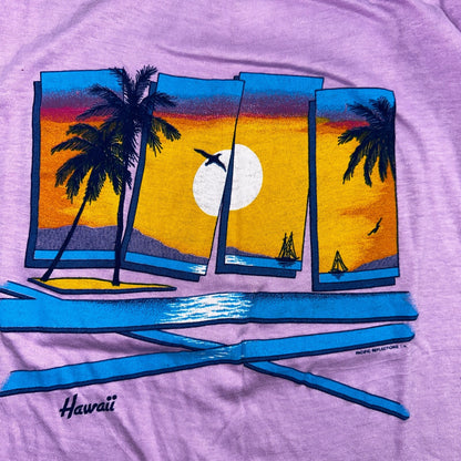 Hawaii Graphic Single Stitch VTG T Shirt Sunset Palm Trees Purple 90s Graphic