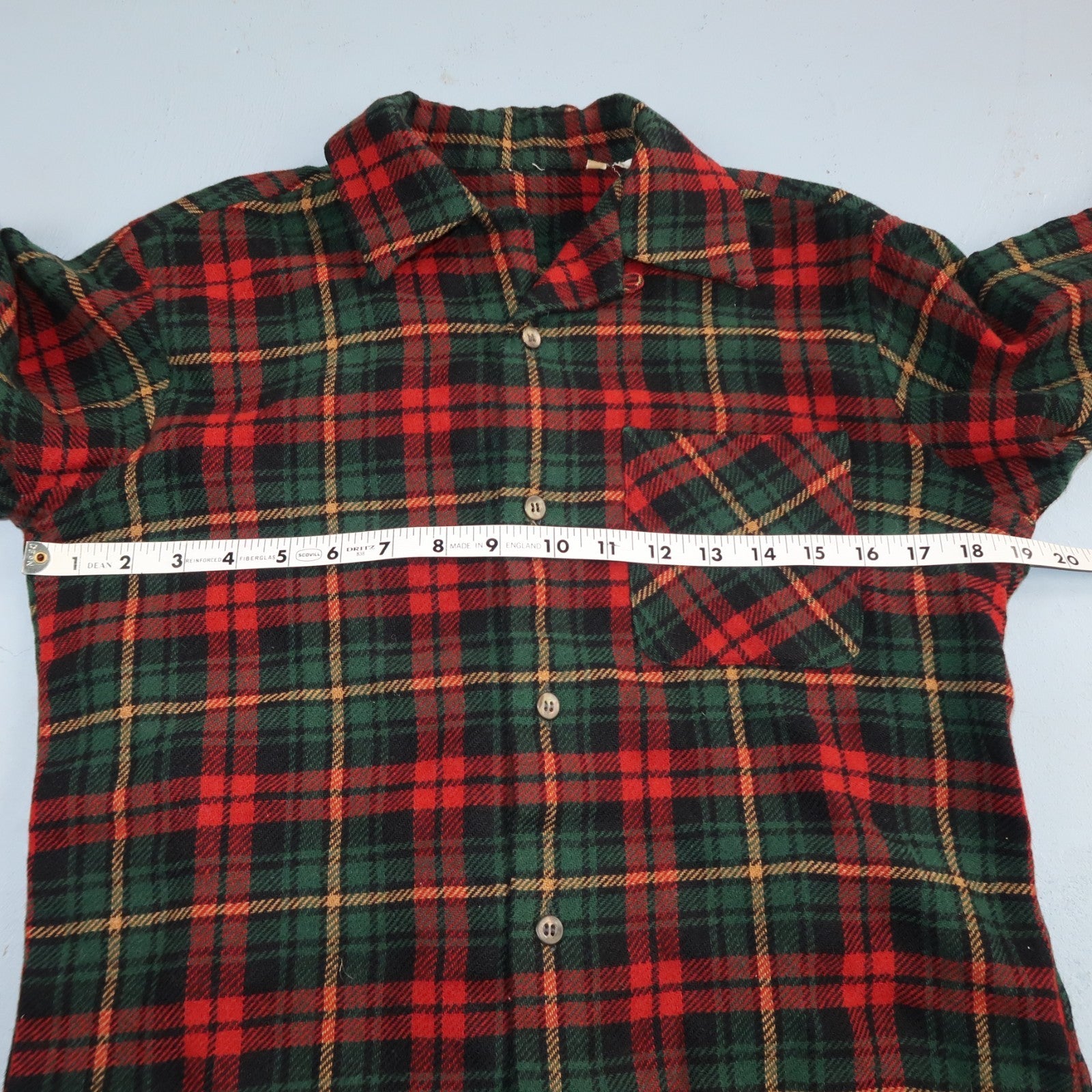 VTG 60s Wool Button Down Shirt Loop Wool Plaid Flannel Shirt 50s Red Rockabilly