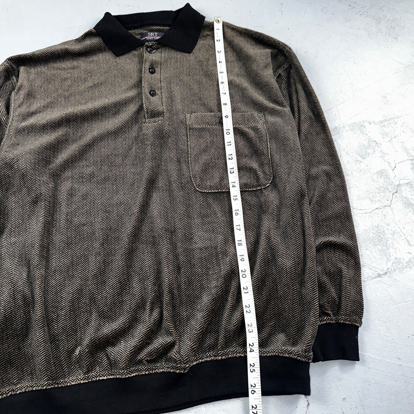 SRT Herringbone Mens Shirt Size L Gray Long Sleeve Henley VTG Golf Polo 90s