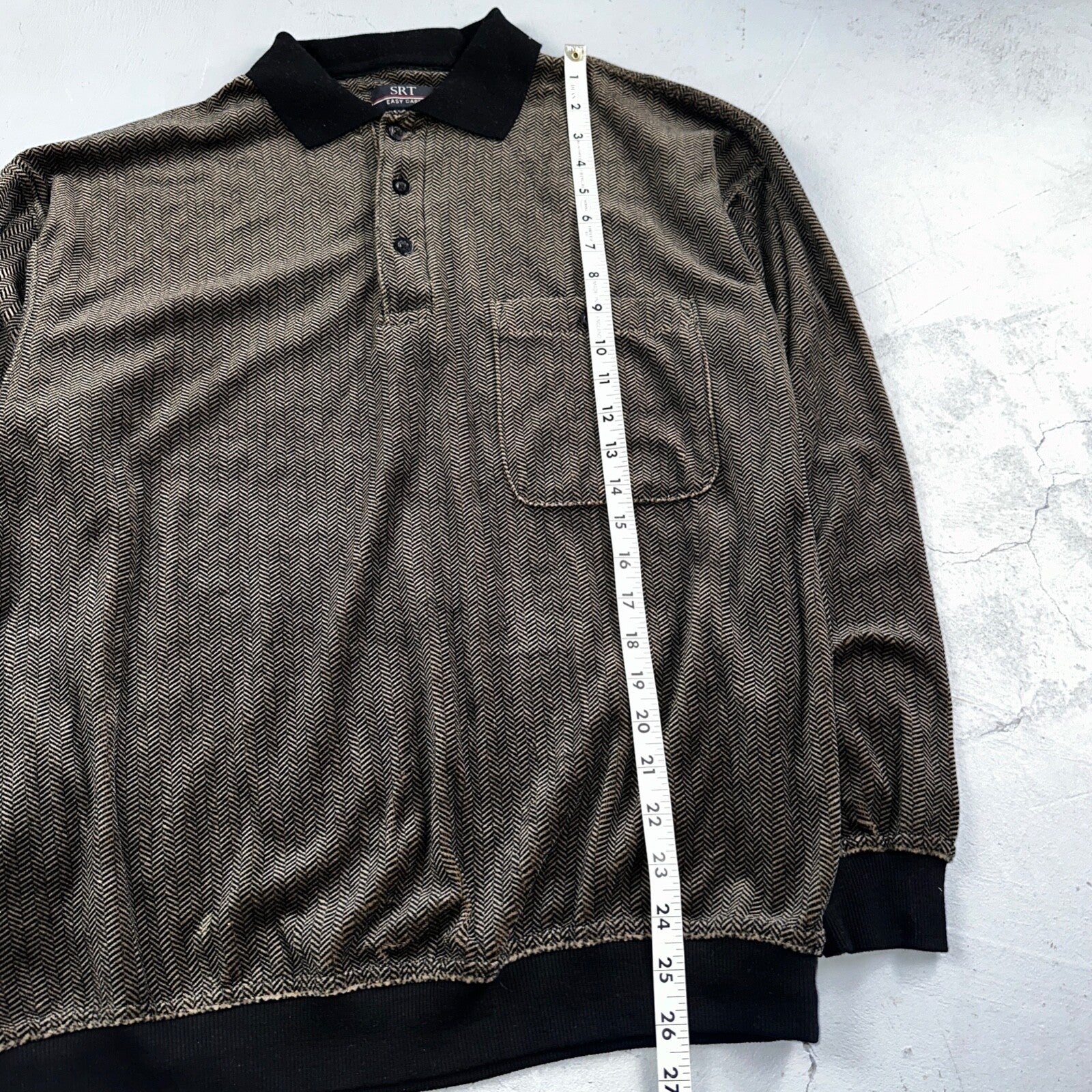 SRT Herringbone Mens Shirt Size L Gray Long Sleeve Henley VTG Golf Polo 90s