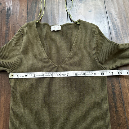 Ambiance Womens Medium Army Green Long Sleeve Crop Top V Neck Cute T Shirt
