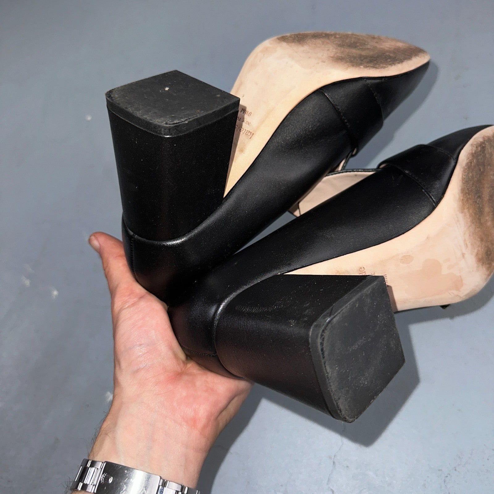 Kate Spade Alia Black Block Heel Pump 9.5 Leather Chunky Silver Tone Buckle