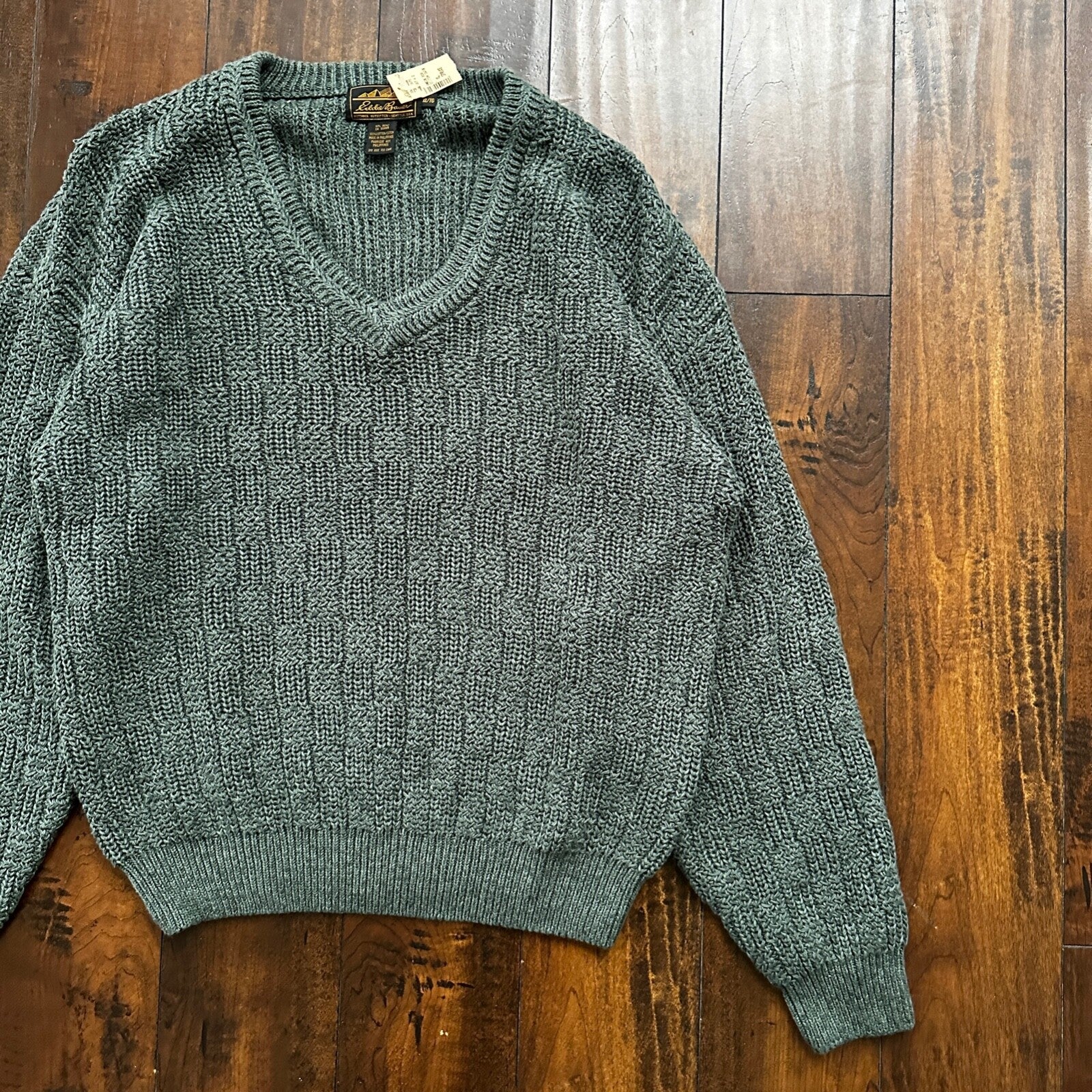 VTG Eddie Bauer Chunky Outdoor Green Knit Sweater M 90s Preppy Cardigan V Neck