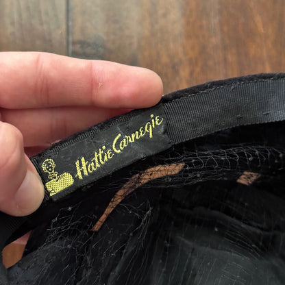 Vintage Hattie Carnegie Hat Black Silk Velvet Leaves 1930s 30s 40s 50s Small Cap