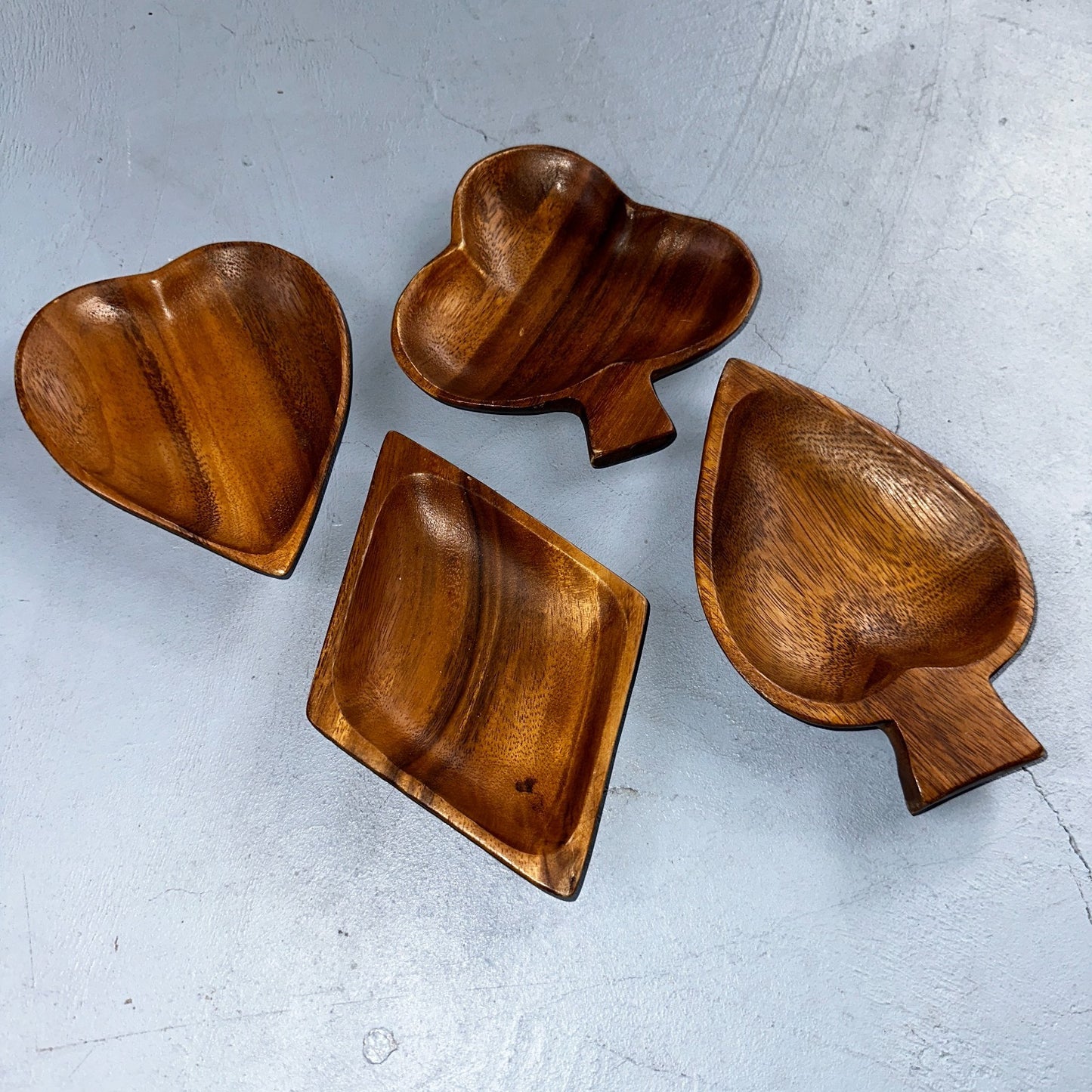 Vintage Monkey Pod Wood Card Playing Suits Candy Snack Dishes 80s Hearts Cute