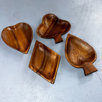 Vintage Monkey Pod Wood Card Playing Suits Candy Snack Dishes 80s Hearts Cute