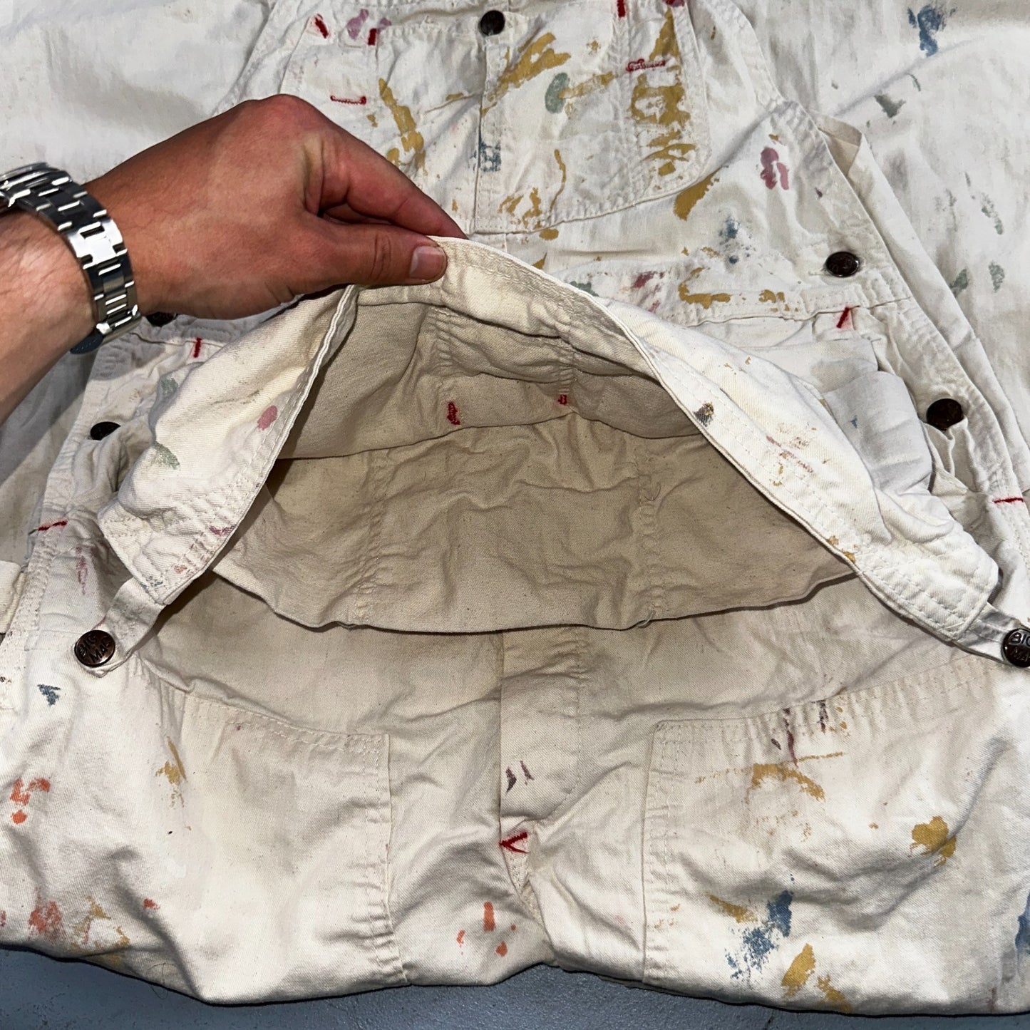 VTG Big Mac White Thrashed Overalls Carpenter Bibs Workwear Painter Paint Stain