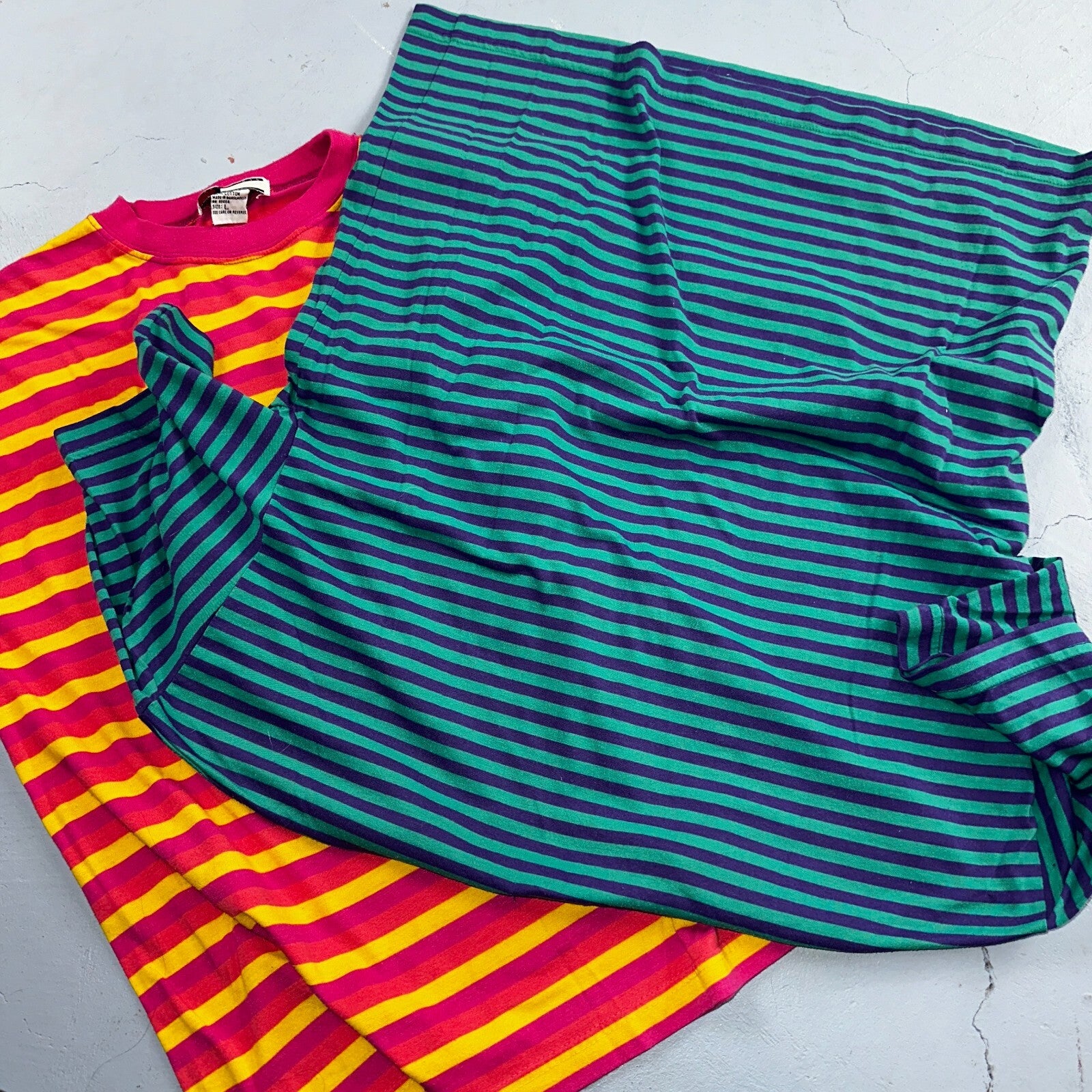 Striped Lot of 2 Headliners VTG T Shirt 90s Green Blue Pink Yellow Fun Large