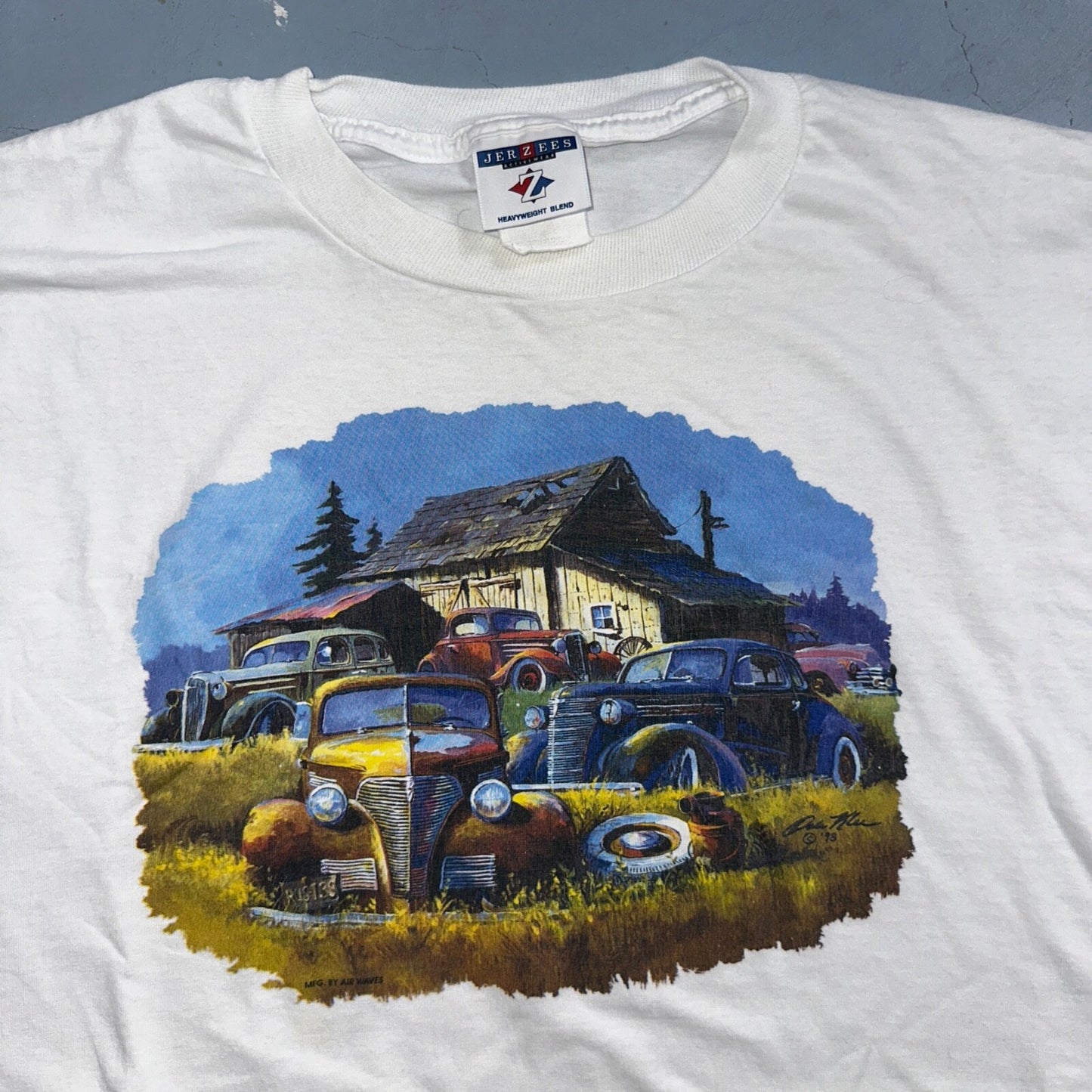Antique Cars Farm House VTG T Shirt Jerzees Fun Grandpa Core Racing Y2K White