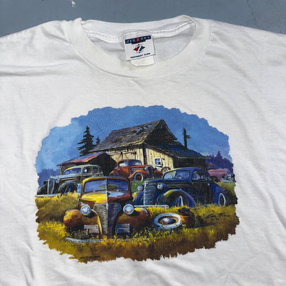 Antique Cars Farm House VTG T Shirt Jerzees Fun Grandpa Core Racing Y2K White