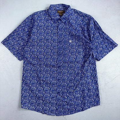 Ariat Button-Down Short Sleeve Shirt Size Large Blue Paisley 100% Cotton Casual