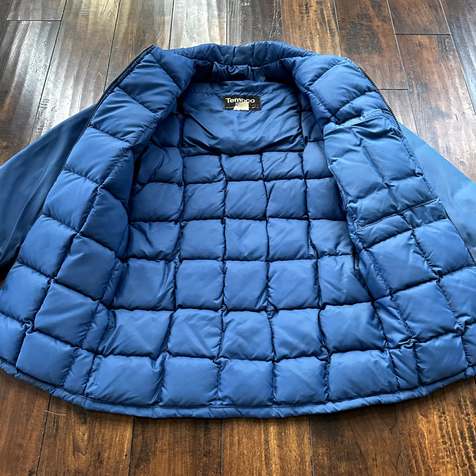 Vintage Tempco Goose Down Puffer Coat Mens S Blue Insulated Hooded Jacket