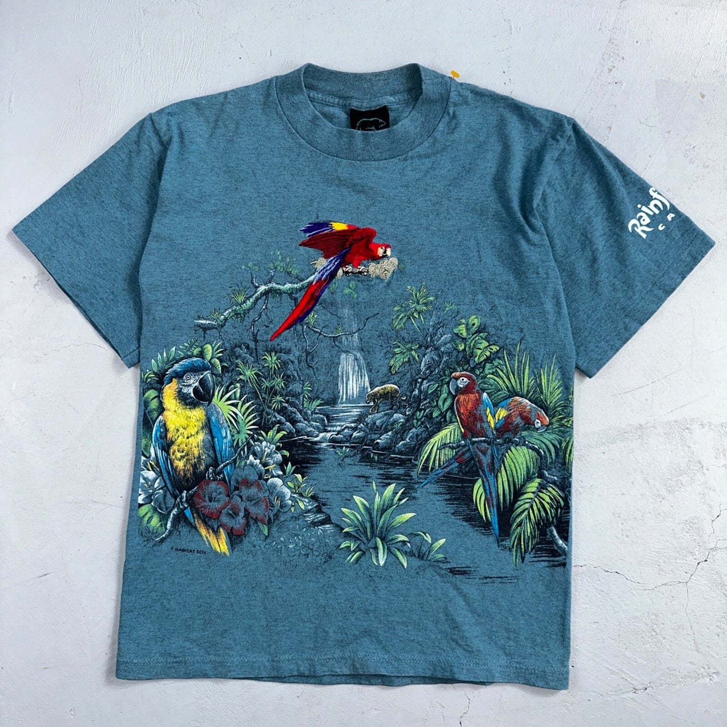 Vintage 90s Rainforest Cafe T Shirt Small Blue AOP All Over Print USA Made Rare