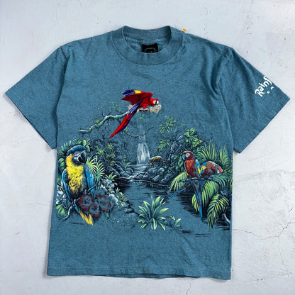 Vintage 90s Rainforest Cafe T Shirt Small Blue AOP All Over Print USA Made Rare
