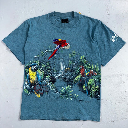 Vintage 90s Rainforest Cafe T Shirt Small Blue AOP All Over Print USA Made Rare