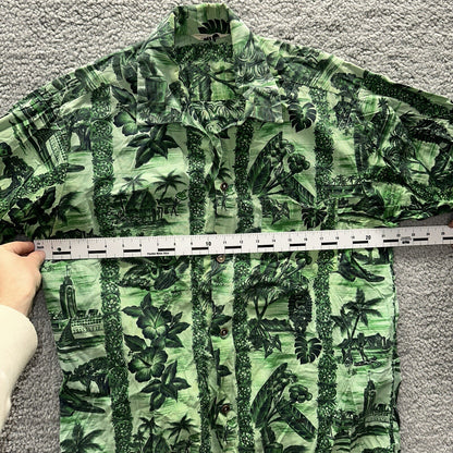 Vintage 50s Hawaiian Aloha Print Shirt Rockabilly Honolulu 60s Button USA Green