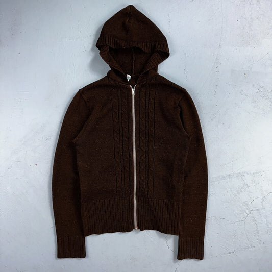 Vtg 70s Sears JR Hoodie Chunky Zip Up Sweater Brown Women's L 1970s Junior