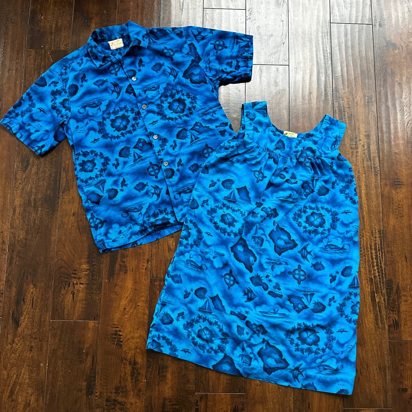 Ui-Maikai Vintage 1960s Barkcloth Blue Hibiscus Dress And Shirt Rockabilly Rare