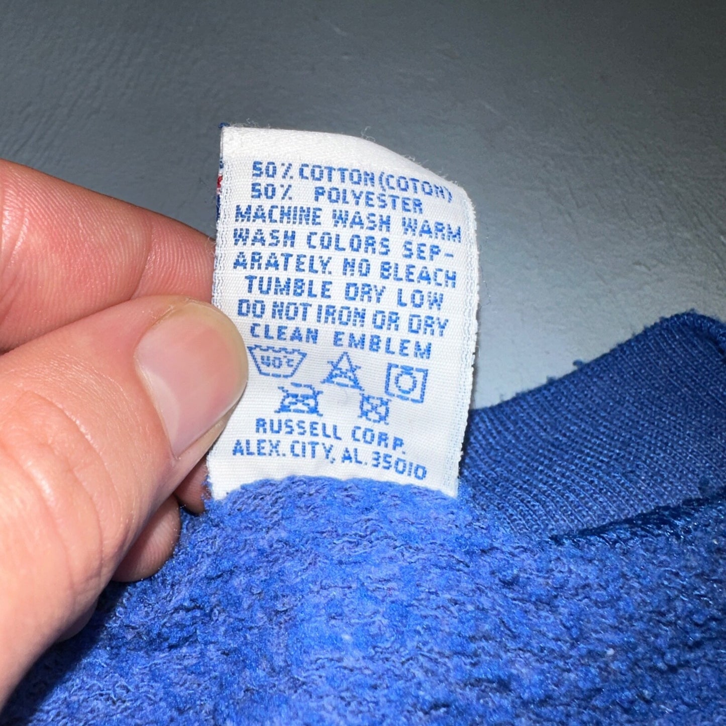 Russell Athletic Thrashed USA Sweatshirt VTG Crewneck L Blue Basic Cool Gym