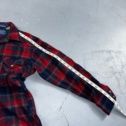 Pendleton VTG 100% Virgin Wool Western Plaid Shirt Pearl Snap Red High Grade