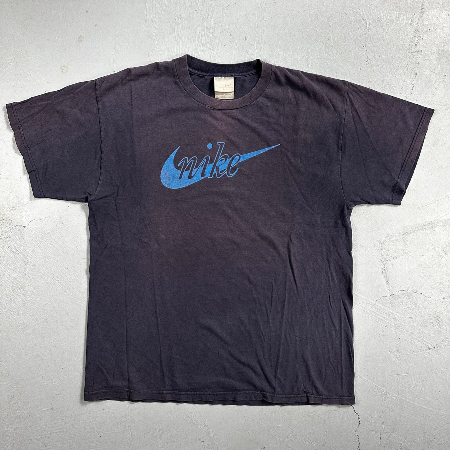 Nike OG Swoosh Logo Y2K VTG T Shirt Center Navy Faded Blue Check 70s Repro