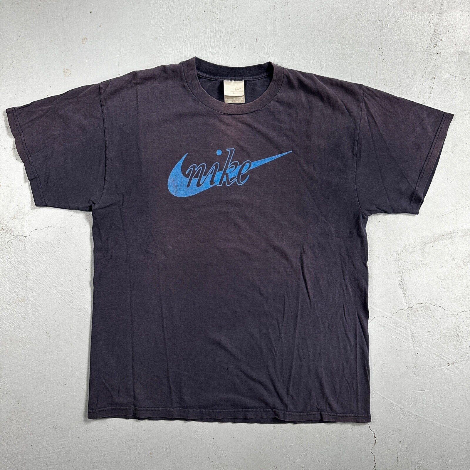 Nike OG Swoosh Logo Y2K VTG T Shirt Center Navy Faded Blue Check 70s Repro