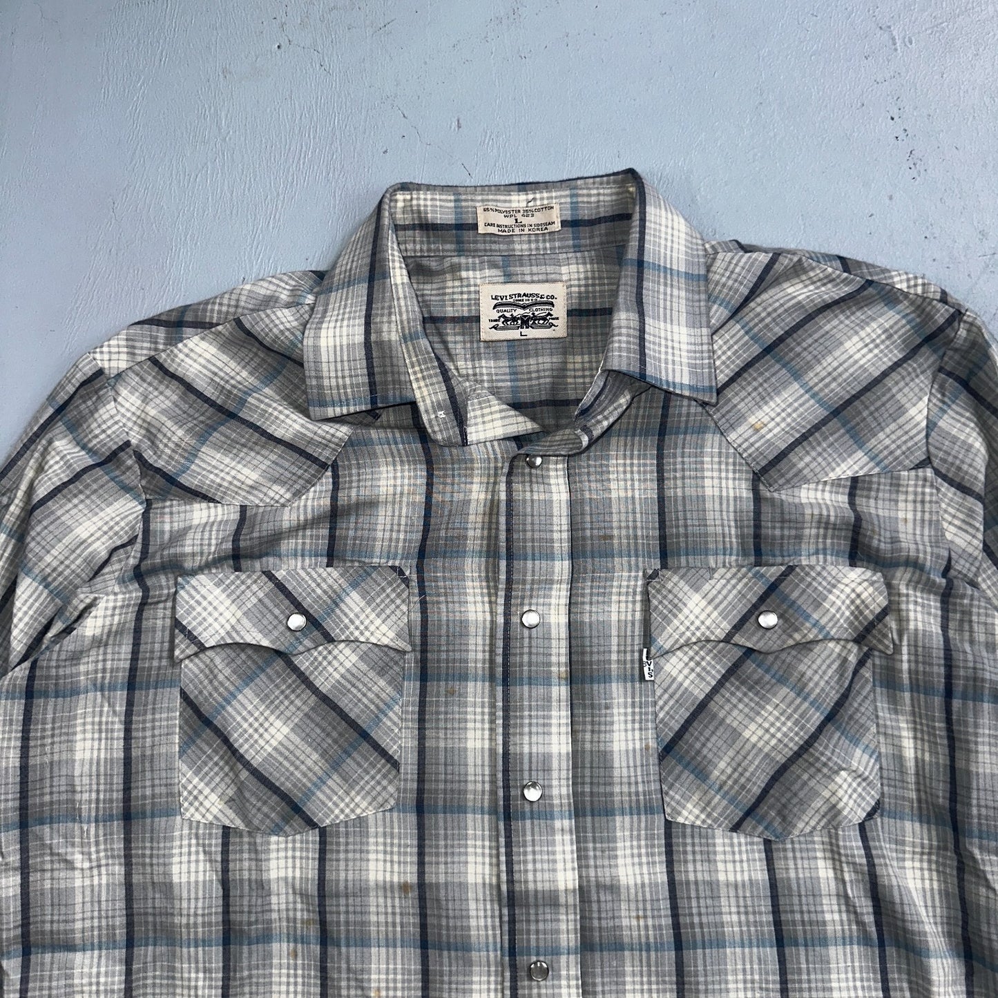 Levis VTG 1980s Pearl Snap Button Shirt Mens L Plaid 80s Cowboy Shirt Korea LS