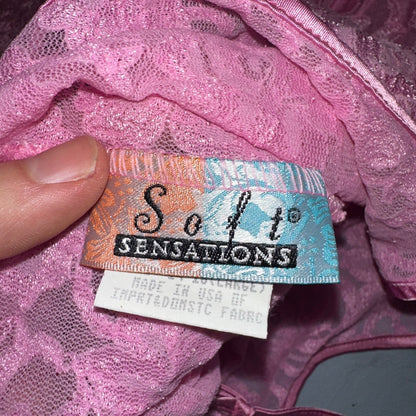 Soft Sensations 80s VTG Women's Lace Trim Satin Mini Slip Lingerie Dress Pink