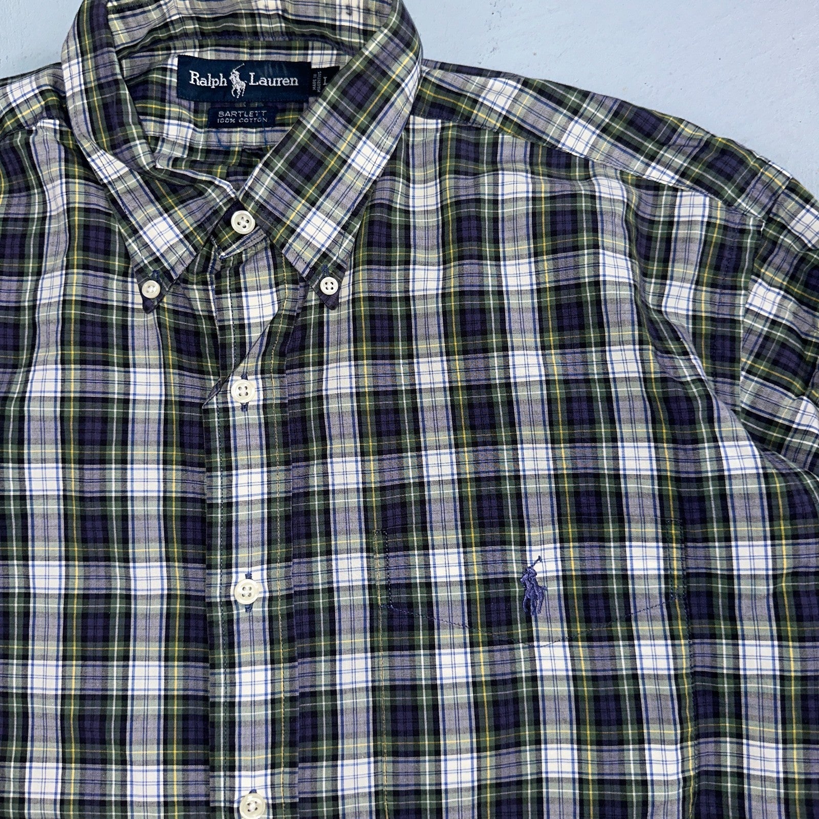 Polo Ralph Lauren Shirt Mens L Green Button Up Bartlett Long Sleeve Blue VTG