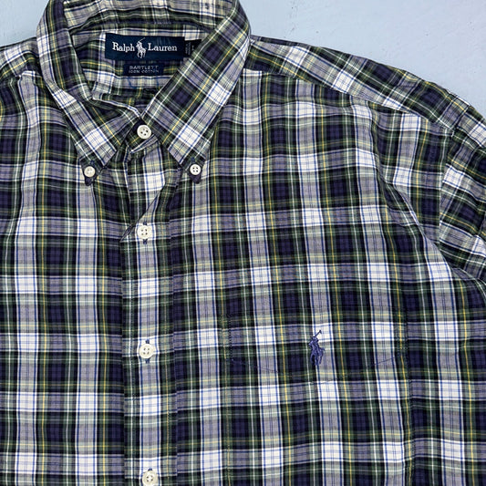 Polo Ralph Lauren Shirt Mens L Green Button Up Bartlett Long Sleeve Blue VTG