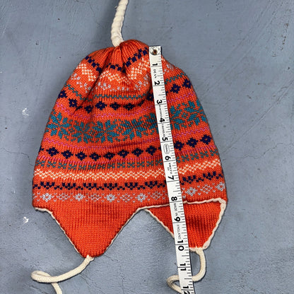 Vintage Snowy River Woolens Earflap Hat Orange Knit Ski Beanie USA Made Peach