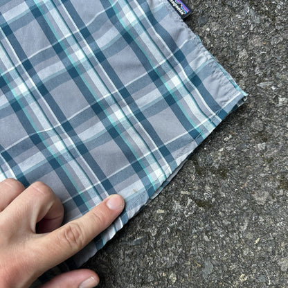 Patagonia Worn Wear Button Up Snap Shirt Short Sleeve Blue Gray Plaid Men Sz 2XL