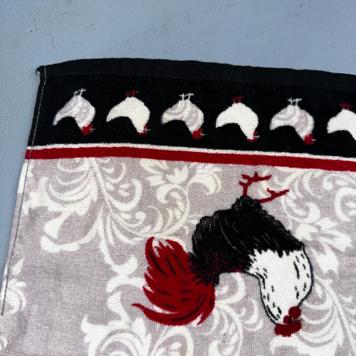 Kitchen Dish Towel Woven Design Rooster, Red Cotton Cute Chickens